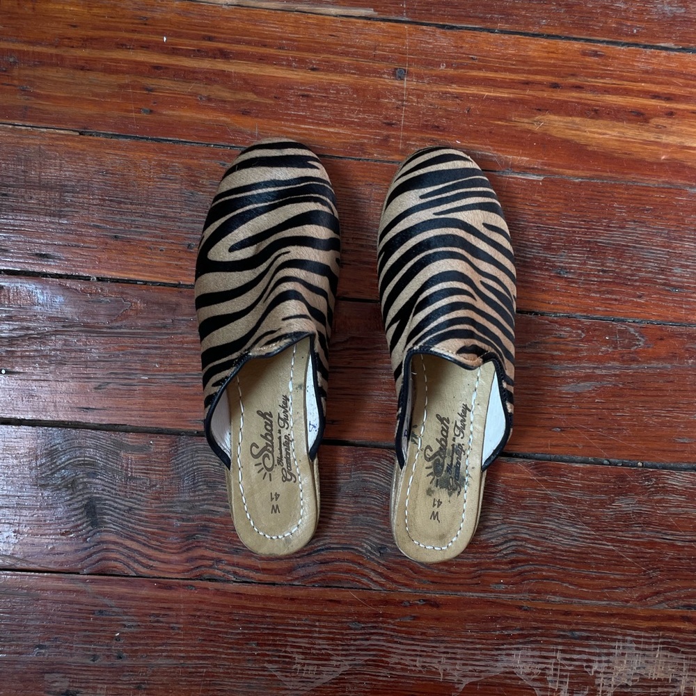 Brown zebra print leather slides (cow hide hair on)